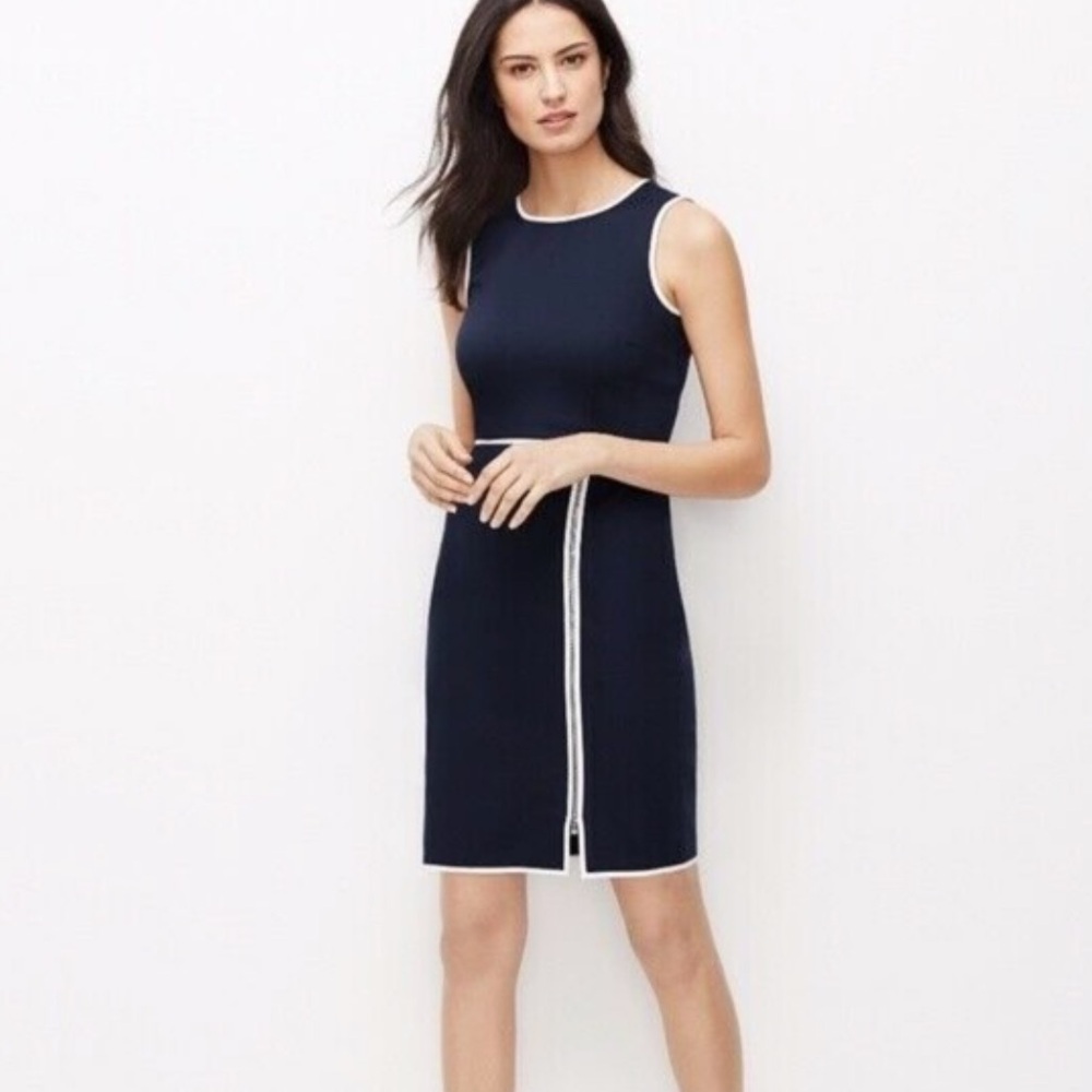 Ann Taylor Navy Blue White Trim Zipper Front Slit Dress Sz 6